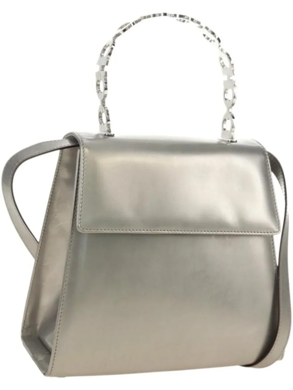 Salvatore Ferragamo Gancini Hand Bag Patent leather 2way Silver Auth 184795V
